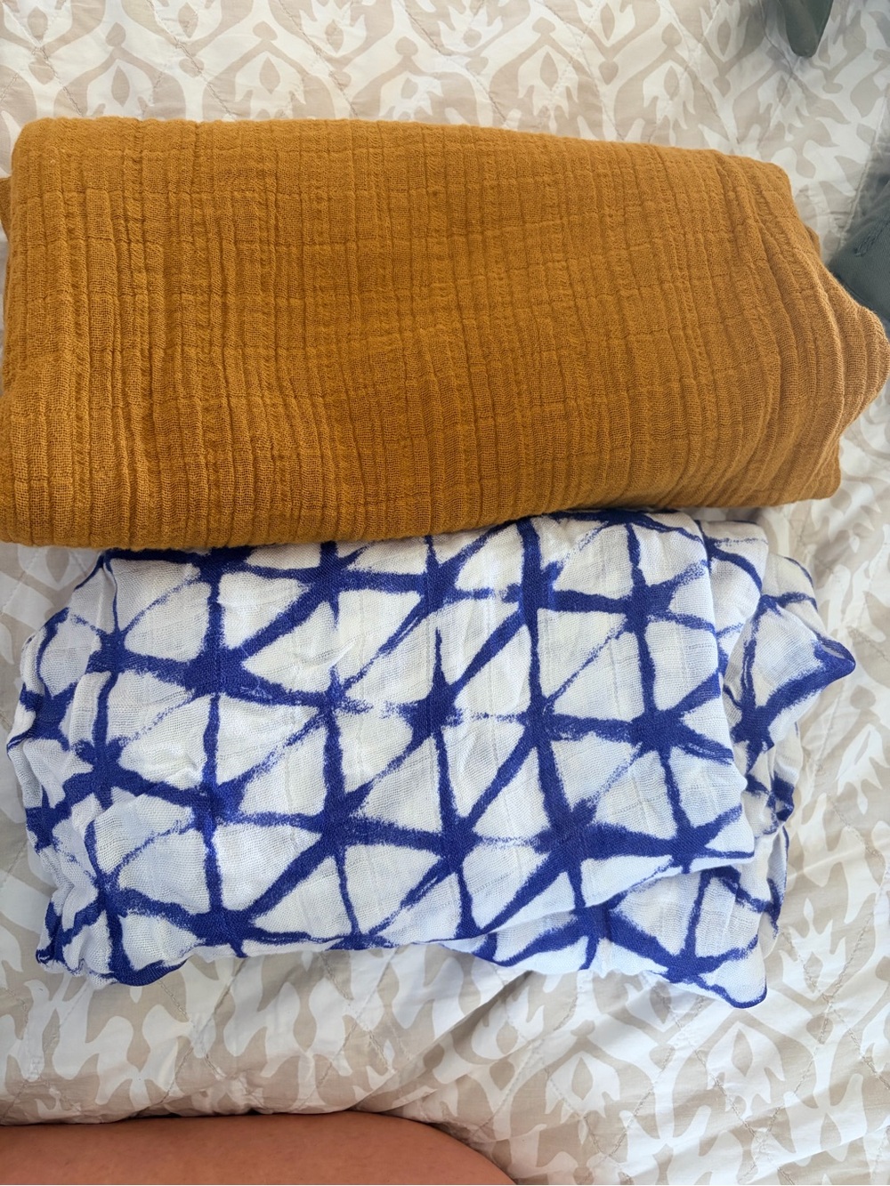 Rust Brown and Blue Patterned baby swaddle blankets- Parachute and Aden and Anis